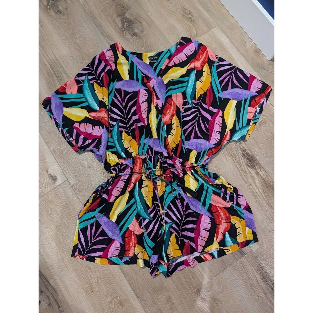City Chic Playsuit Magic Palm Tropical Romper Women's Plus 18 18W 1XL Pockets